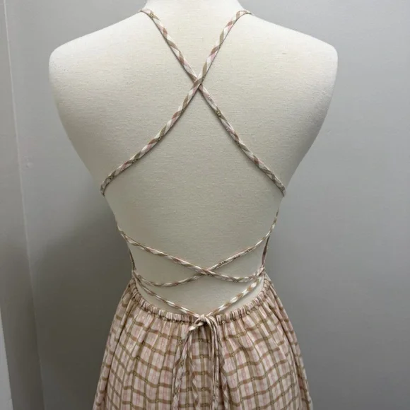 *SOLD*Christy Dawn Delphine Midi Tiered Sun Dress in Snapdragon Gingham Pink Tan - Picture 6 of 11